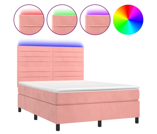 Cama box spring colchón y LED terciopelo rosa 140x200 cm