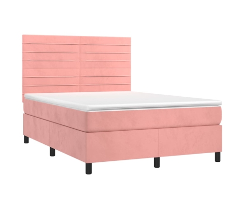 Cama box spring colchón y LED terciopelo rosa 140x200 cm