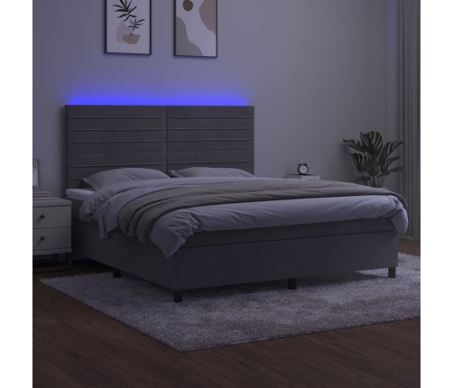 Cama box spring colchón y LED terciopelo gris claro 160x200 cm