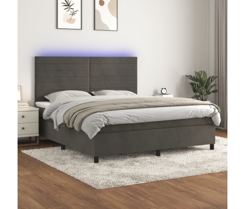 Cama box spring colchón y LED terciopelo gris oscuro 160x200 cm