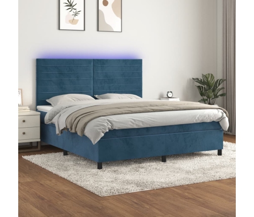 Cama box spring colchón y LED terciopelo azul oscuro 160x200 cm