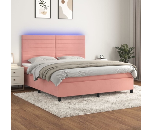 Cama box spring colchón y LED terciopelo rosa 160x200 cm