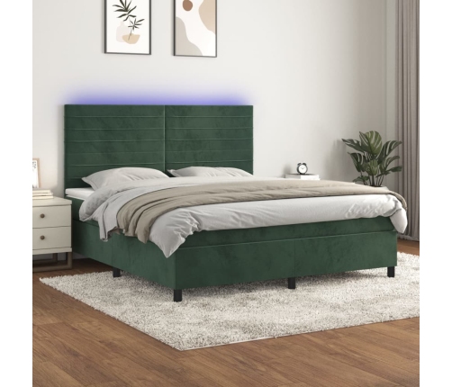 Cama box spring colchón y LED terciopelo verde oscuro 180x200cm