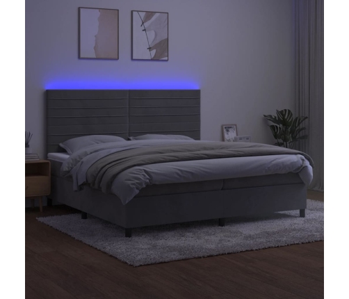 Cama box spring colchón y LED terciopelo gris claro 200x200 cm