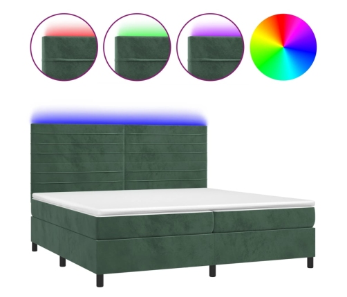 Cama box spring colchón y LED terciopelo verde oscuro 200x200cm