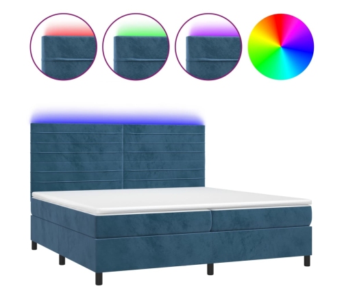 Cama box spring colchón y LED terciopelo azul oscuro 200x200 cm