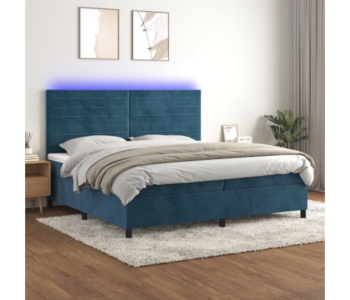 Cama box spring colchón y LED terciopelo azul oscuro 200x200 cm