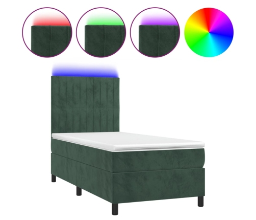 Cama box spring colchón y LED terciopelo verde oscuro 80x200 cm