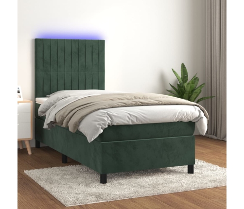 Cama box spring colchón y LED terciopelo verde oscuro 80x200 cm