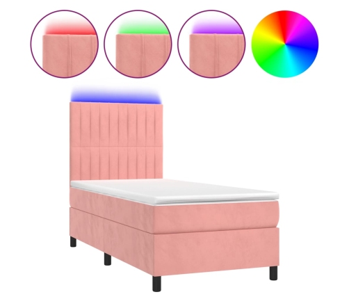 Cama box spring colchón y LED terciopelo rosa 80x200 cm