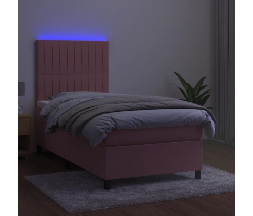 Cama box spring colchón y LED terciopelo rosa 80x200 cm