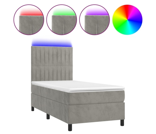 Cama box spring colchón y LED terciopelo gris claro 90x200 cm