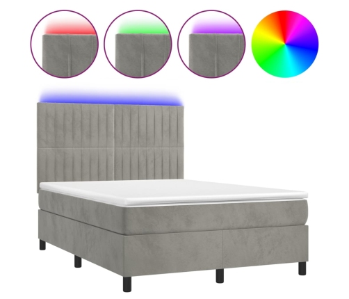 Cama box spring colchón y LED terciopelo gris claro 140x190 cm