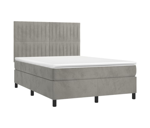 Cama box spring colchón y LED terciopelo gris claro 140x190 cm