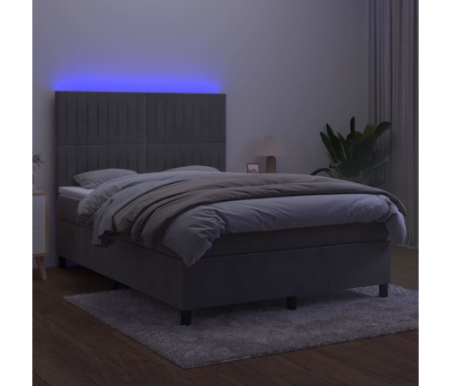 Cama box spring colchón y LED terciopelo gris claro 140x190 cm