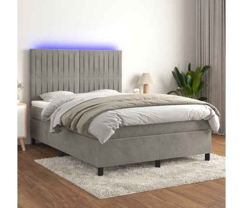 Cama box spring colchón y LED terciopelo gris claro 140x190 cm