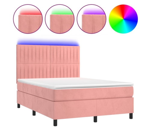 Cama box spring colchón y LED terciopelo rosa 140x190 cm