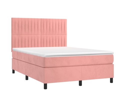 Cama box spring colchón y LED terciopelo rosa 140x190 cm