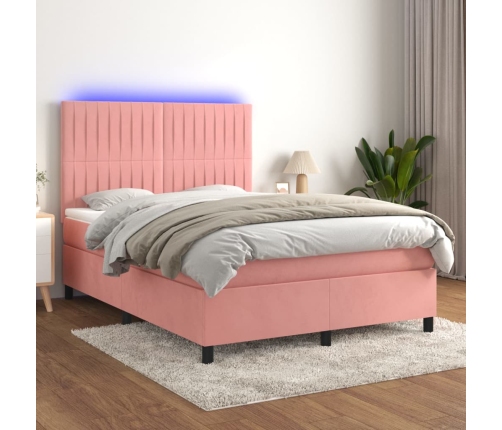 Cama box spring colchón y LED terciopelo rosa 140x190 cm