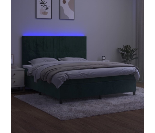 Cama box spring colchón y LED terciopelo verde oscuro 160x200cm