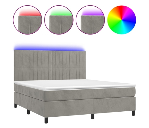 Cama box spring colchón y LED terciopelo gris claro 180x200 cm