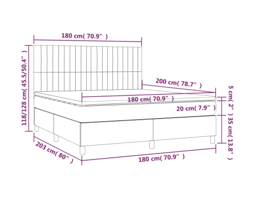 Cama box spring colchón y LED terciopelo gris claro 180x200 cm