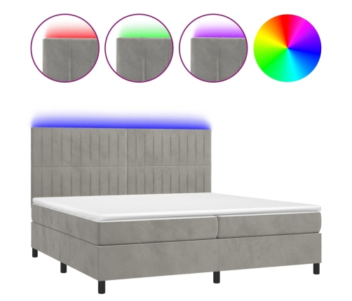 Cama box spring colchón y LED terciopelo gris claro 200x200 cm