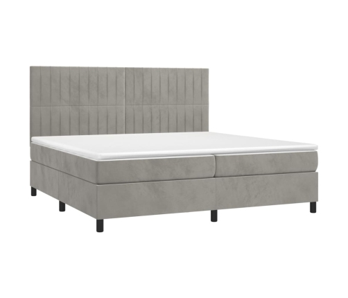 Cama box spring colchón y LED terciopelo gris claro 200x200 cm