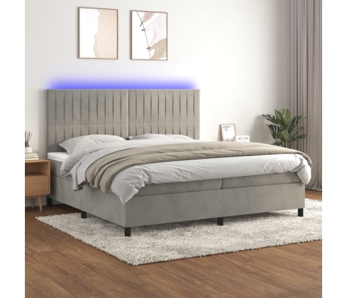 Cama box spring colchón y LED terciopelo gris claro 200x200 cm