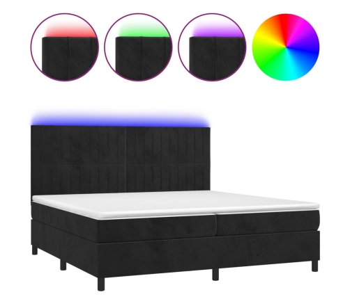 Cama box spring colchón y LED terciopelo negro 200x200 cm