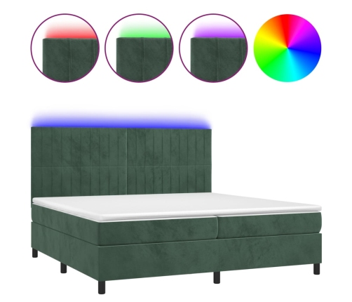 Cama box spring colchón y LED terciopelo verde oscuro 200x200cm