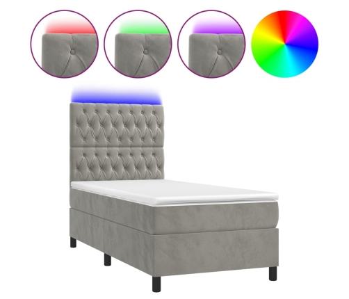 Cama box spring colchón y LED terciopelo gris claro 80x200 cm