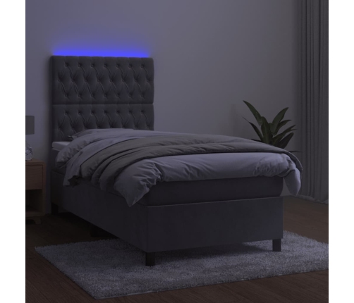 Cama box spring colchón y LED terciopelo gris claro 80x200 cm