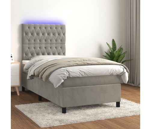 Cama box spring colchón y LED terciopelo gris claro 80x200 cm