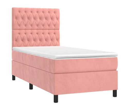 Cama box spring colchón y LED terciopelo rosa 90x200 cm