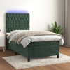 Cama box spring colchón y LED terciopelo verde oscuro 100x200cm