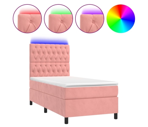 Cama box spring colchón y LED terciopelo rosa 100x200 cm