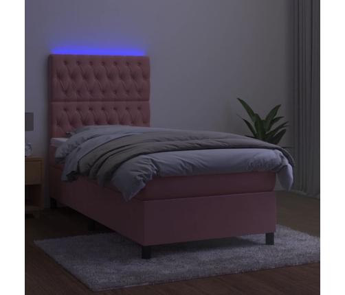 Cama box spring colchón y LED terciopelo rosa 100x200 cm