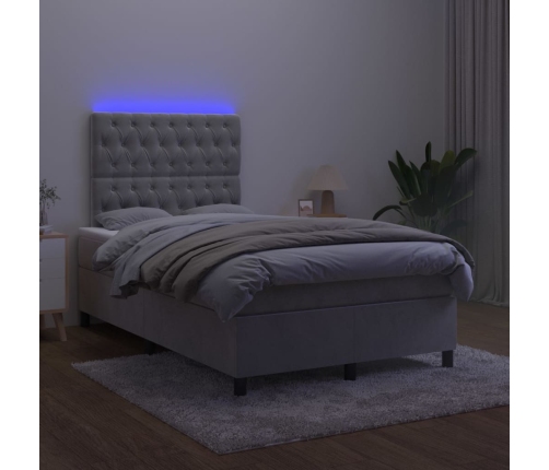 Cama box spring colchón y LED terciopelo gris claro 120x200 cm