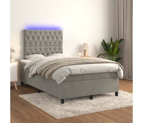 Cama box spring colchón y LED terciopelo gris claro 120x200 cm