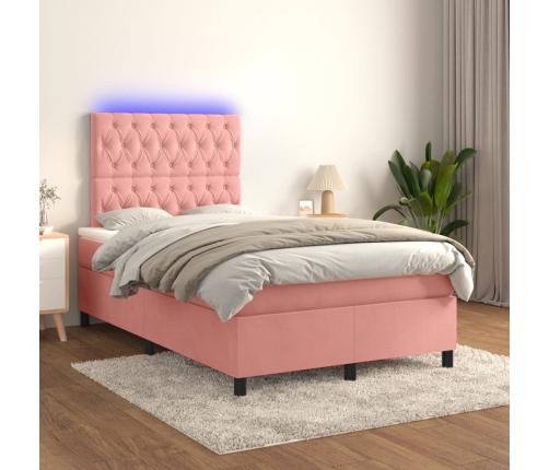 vidaXL Cama box spring colchón y LED terciopelo rosa 120x200 cm