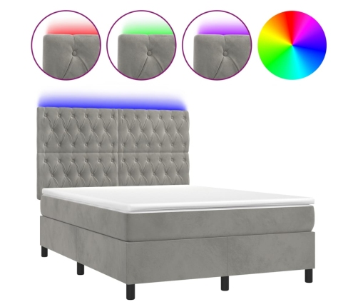 Cama box spring colchón y LED terciopelo gris claro 140x190 cm