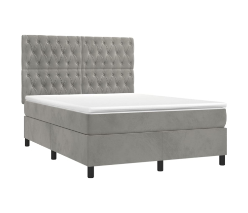 Cama box spring colchón y LED terciopelo gris claro 140x190 cm