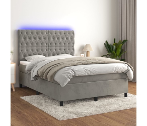 Cama box spring colchón y LED terciopelo gris claro 140x190 cm