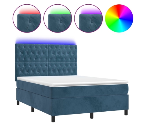 Cama box spring colchón y LED terciopelo azul oscuro 140x190 cm