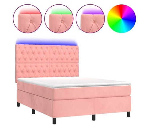 Cama box spring colchón y LED terciopelo rosa 140x190 cm