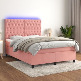 Cama box spring colchón y LED terciopelo rosa 140x190 cm