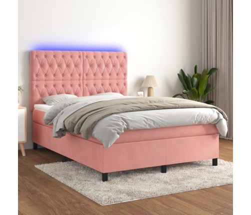 Cama box spring colchón y LED terciopelo rosa 140x190 cm