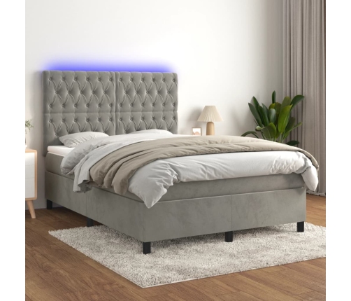 Cama box spring colchón y LED terciopelo gris claro 140x200 cm