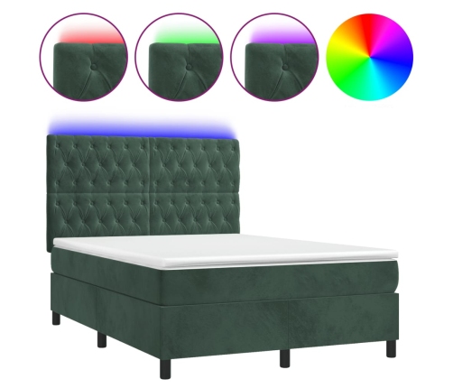 Cama box spring colchón y LED terciopelo verde oscuro 140x200cm